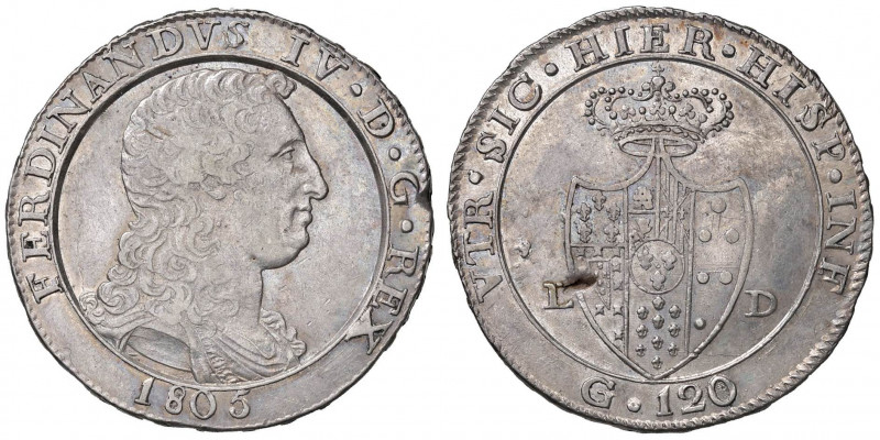 NAPOLI Ferdinando IV (1759-1816) Piastra 1805 - Magliocca 392 AG (g 27,36) Manca...
