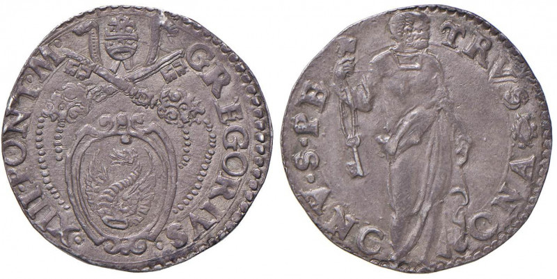 Gregorio XIII (1572-1585) Ancona - Testone - Munt. 218 AG (g 9,44) Bella patina ...
