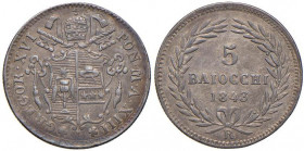Gregorio XVI (1831-1846) 5 Baiocchi 1843 A. XIII - Nomisma 492 AG (g 1,33) Piccolo colpo al bordo, bella patina
SPL