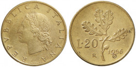 REPUBBLICA ITALIANA 20 Lire 1956 P in incuso - Mont. 3 BA (g 3,58) RR Modeste macchie al R/
SPL+