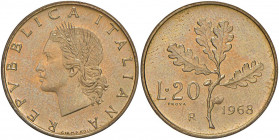 REPUBBLICA ITALIANA 20 Lire 1968 Prova - BA (g 3,59) RR Con cartellino Numismatica Ferrarese e bustina in carta della Zecca 
FDC