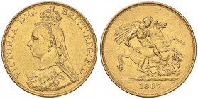 INGHILTERRA Vittoria (1837-1901) 5 Sterline 1887 - Fr. 390 AU (g 40,00) Diffusi colpetti e segnetti, probabilmente da montatura 
MB+