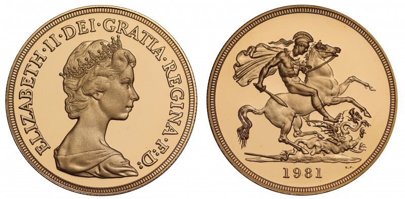 PF69 UCAM | Elizabeth II (1952 -), gold proof Five Pounds, 1981, crowned head ri...