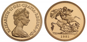 PF69 UCAM | Elizabeth II (1952 -), gold proof Five Pounds, 1981, crowned head right, obverse portrait by Arnold Machin, Latin legend and toothed borde...