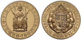 PF70 UCAM | Elizabeth II (1952 -), gold proof Five Pounds, 1989, struck for the 500th anniversary of the Sovereign, Queen enthroned facing, seated in ...
