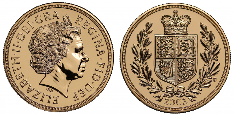 MS70 DPL | Elizabeth II (1952 -), gold Five Pounds, 2002, crowned head right, IR...