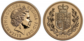 MS70 DPL | Elizabeth II (1952 -), gold Five Pounds, 2002, crowned head right, IRB initials below for designer Ian Rank-Broadley, Latin legend and toot...