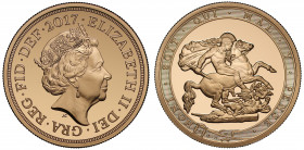 PF70 UCAM | Elizabeth II (1952 -), gold proof Five Pounds, 2017, struck for the 200th anniversary of the Pistrucci Sovereign, crowned head right, JC i...