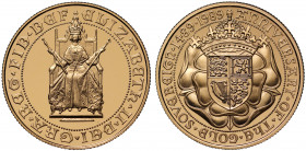 PF69 UCAM | Elizabeth II (1952 -), gold proof Two Pounds, 1989, struck for the 500th anniversary of the Sovereign, Queen enthroned facing, seated in K...