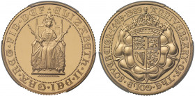 PR68 DCAM | Elizabeth II (1952 -), gold proof Sovereign, 1989, struck for the 500th anniversary of the Sovereign, Queen enthroned facing, seated in Ki...