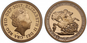 PF68 UCAM | Elizabeth II (1952 -), gold proof Sovereign, 2017, struck for the 200th anniversary of the Sovereign, crowned head right, JC initials belo...