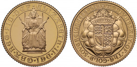 PF69 UCAM | Elizabeth II (1952 -), gold proof Half Sovereign, 1989, struck for the 500th anniversary of the Sovereign, Queen enthroned facing, seated ...