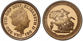 PF70 UCAM | Elizabeth II (1952 -), gold proof Quarter Sovereign, 2017, struck for the 200th anniversary of the Sovereign, crowned head right, JC initi...