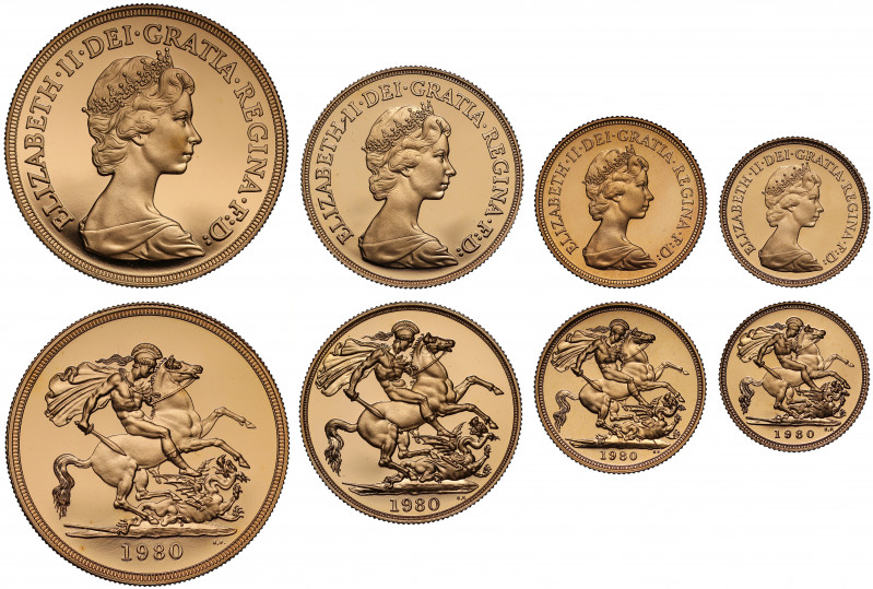 PF68-70 UCAM | Elizabeth II (1952 -), gold 4-coin proof set, 1980, Five Pounds, ...