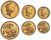 PF66-69 UCAM | Elizabeth II (1952 -), gold 3-coin proof set, 1991, Two Pounds, Sovereign, Half Sovereign, crowned bust right, RDM incuse on truncation...