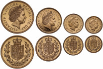 PF70 UCAM | Elizabeth II (1952 -), gold 4-coin proof set, 2002, Five Pounds, Two Pounds, Sovereign, Half Sovereign, crowned head right, IRB initials b...
