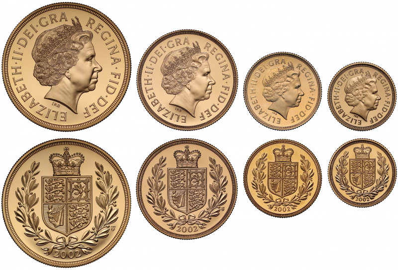 PF69-70 UCAM | Elizabeth II (1952 -), gold 4-coin proof set, 2002, Five Pounds, ...