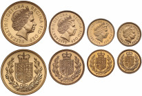PF69-70 UCAM | Elizabeth II (1952 -), gold 4-coin proof set, 2002, Five Pounds, Two Pounds, Sovereign, Half Sovereign, crowned head right, IRB initial...