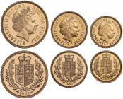 PF69-70 UCAM | Elizabeth II (1952 -), gold 3-coin proof set, 2002, Two Pounds, Sovereign, Half Sovereign, crowned head right, IRB initials below for d...