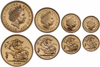 PF69-70 UCAM | Elizabeth II (1952 -), gold 4-coin proof set, 2004, Five Pounds, Two Pounds, Sovereign, Half Sovereign, crowned head right, obverse por...
