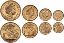 PF68-70 UCAM | Elizabeth II (1952 -), gold 4-coin proof set, 2008, Five Pounds, Two Pounds, Sovereign, Half Sovereign, crowned head right, obverse por...