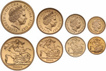 PF67-69 UCAM | Elizabeth II (1952 -), gold 4-coin proof set, 2008, Five Pounds, Two Pounds, Sovereign, Half Sovereign, crowned head right, obverse por...