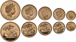 PF69-70 UCAM | Elizabeth II (1952 -), gold 5-coin proof set, 2010, Five Pounds, Two Pounds, Sovereign, Half Sovereign, Quarter-Sovereign, crowned head...