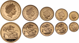 PF69 UCAM | Elizabeth II (1952 -), gold 5-coin proof set, 2010, Five Pounds, Two Pounds, Sovereign, Half Sovereign, Quarter-Sovereign, crowned head ri...