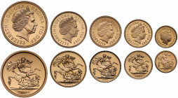 PF69-70 UCAM | Elizabeth II (1952 -), gold 5-coin proof set, 2011, Five Pounds, Two Pounds, Sovereign, Half Sovereign, Quarter-Sovereign, crowned head...