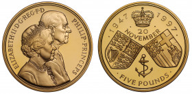 PF70 UCAM | Elizabeth II (1952 -), gold proof Five Pounds, 1997, struck to celebrate the Golden Wedding of Queen Elizabeth II and Prince Philip, obver...
