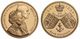 PF68 UCAM | Elizabeth II (1952 -), gold proof Five Pounds, 1997, struck to celebrate the Golden Wedding of Queen Elizabeth II and Prince Philip, obver...