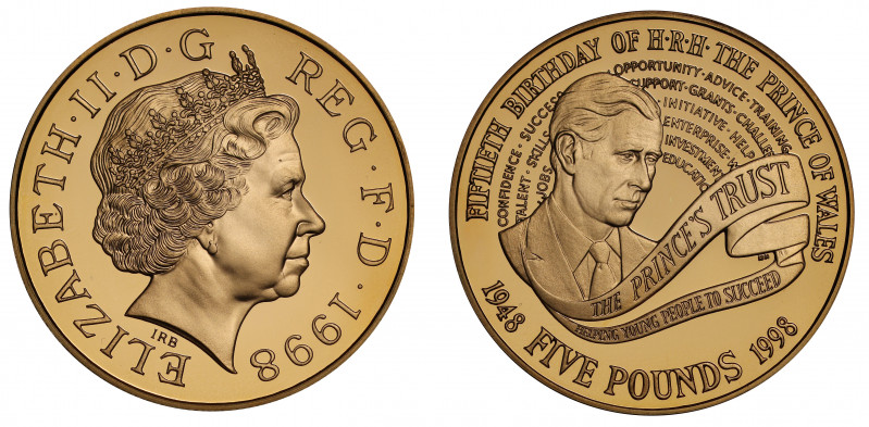 PF68 UCAM | Elizabeth II (1952 -), gold proof Five Pounds, 1998, struck to celeb...