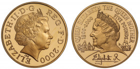 PF68 UCAM | Elizabeth II (1952 -), gold proof Five Pounds, 2000, struck to commemorate the 100th birthday of The Queen Mother, crowned head right, IRB...