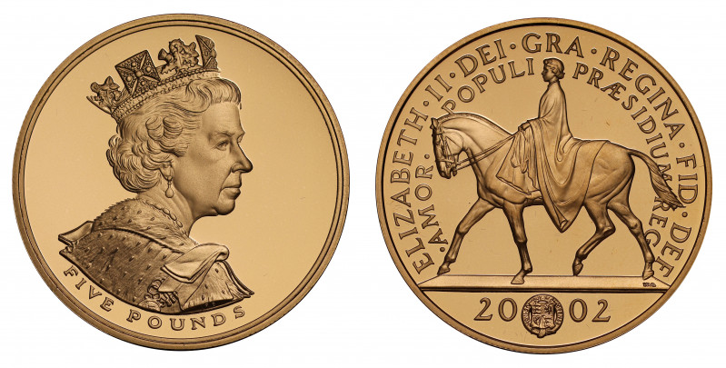 PF70 UCAM | Elizabeth II (1952 -), gold proof Five Pounds, 2002, struck to comme...