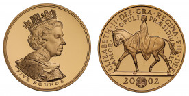 PF70 UCAM | Elizabeth II (1952 -), gold proof Five Pounds, 2002, struck to commemorate the Golden Jubilee, new portrait of the Queen facing right with...