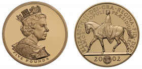 PF69 UCAM | Elizabeth II (1952 -), gold proof Five Pounds, 2002, struck to commemorate the Golden Jubilee, new portrait of the Queen facing right with...