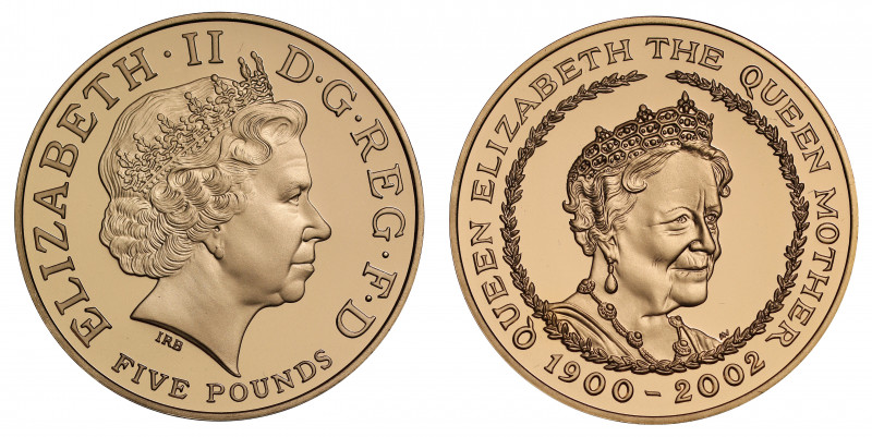 PF70 UCAM | Elizabeth II (1952 -), gold proof Five Pounds, 2002, struck to comme...