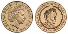 PF70 UCAM | Elizabeth II (1952 -), gold proof Five Pounds, 2002, struck to commemorate The Queen Mother, crowned head right, IRB initials below for de...