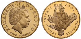 PF68 UCAM | Elizabeth II (1952 -), gold proof Five Pounds, 2004, struck to commemorate the centenary of the Entente Cordiale, crowned head right, IRB ...