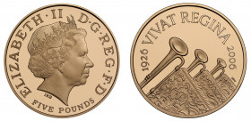 PF70 UCAM | Elizabeth II (1952 -), gold proof Five Pounds, 2006, struck to celebrate the 80th birthday of Her Majesty Queen Elizabeth II, crowned head...