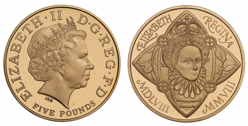 PF69 UCAM | Elizabeth II (1952 -), gold proof Five Pounds, 2008, struck to celeb...