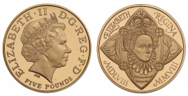 PF69 UCAM | Elizabeth II (1952 -), gold proof Five Pounds, 2008, struck to celebrate 450 years since the Accession of Elizabeth I, crowned head right,...