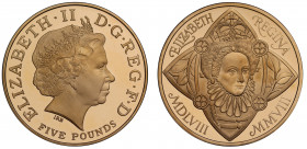 PF68 UCAM | Elizabeth II (1952 -), gold proof Five Pounds, 2008, struck to celebrate 450 years since the Accession of Elizabeth I, crowned head right,...