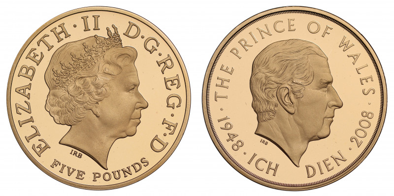 PF70 UCAM | Elizabeth II (1952 -), gold proof Five Pounds, 2008, struck to celeb...