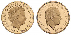 PF70 UCAM | Elizabeth II (1952 -), gold proof Five Pounds, 2008, struck to celebrate the 60th Birthday of The Prince of Wales, crowned head right, IRB...