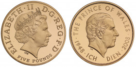 PF70 UCAM | Elizabeth II (1952 -), gold proof Five Pounds, 2008, struck to celebrate the 60th Birthday of The Prince of Wales, crowned head right, IRB...
