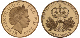 PF70 UCAM | Elizabeth II (1952 -), gold proof Five Pounds, 2010, struck to celebrate the 350th anniversary of The Restoration of the Monarchy, crowned...