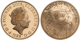 PF69 UCAM | Elizabeth II (1952 -), gold proof Five Pounds, 2015, struck to commemorate the 200th anniversary of the Battle of Waterloo, crowned head r...