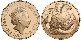 PF70 UCAM | Elizabeth II (1952 -), gold proof Five Pounds, 2018, struck to celebrate the 5th Birthday of Prince George, crowned head right, JC initial...