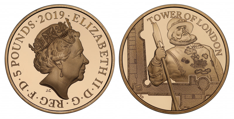 PF70 UCAM | Elizabeth II (1952 -), gold proof Five Pounds, 2019, in the Tower of...